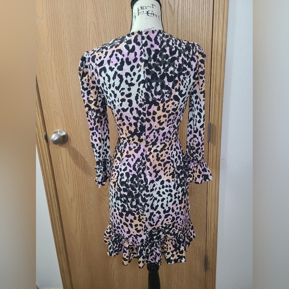 Veronica Beard Tamar Leopard Print Watercolor Ruffle Sleeve Mini Dress Silk - Picture 3 of 4